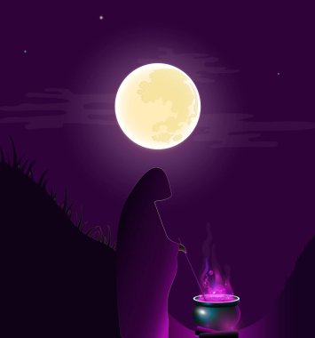 Peri masalı çizimi. Gece yarısı ıssız bir yerde bir büyücü iksir yapar. Her yer karanlık, sadece büyük ay ve kazanın sıcaklığı büyücü kaftanını aydınlatıyor..