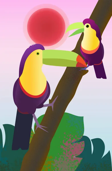 Children's illustration - a family of toucans is depicted - mother and child against the backdrop of tropical nature and the hot sun.