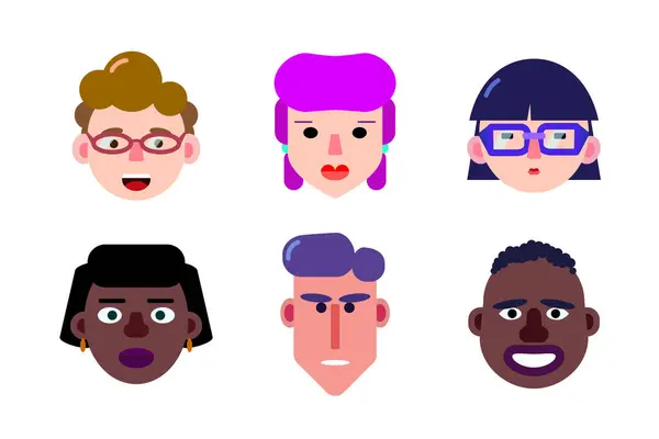 Cheerful faces of characters in flat style for avatars. Icons for applications and websitess