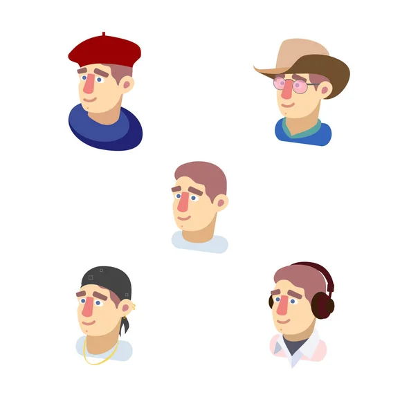 Male character in flat style, avatar for a website or game. Accessories - bandana, cowboy hat, artist\'s beret, headphones.