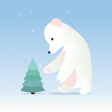 Hassas pastel renkte şirin bir resim. Ormanda bir Noel ağacına hayran olan bir kutup ayısı. Noel kartı, davetiye, web sitesi afişi
