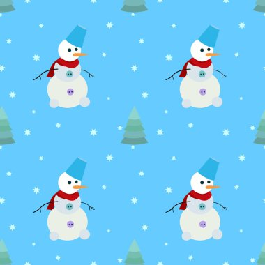 Tatil paketlemesi, tekstil tasarımı, web sitesi arka planı ve duvar kâğıdı için kardan adamların mutlu Noeller desenleri kullanılabilir. Minimalist tasarım lakonik ve basittir.