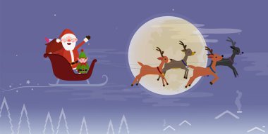 Mutlu noel kartları. Noel Baba ve bir elf ren geyiklerinin çizdiği bir kızakla uçuyorlar. Çocuklar ve yetişkinler için sihirli bir resim. Tebrik kartı, davetiye, afiş