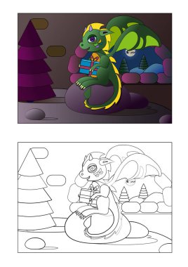 İçinde 2024 'ün sembolü olan bir hayvan olan boyama kitabı şeklinde bir hediye. Yeşil bir ejderha. Tatillerde eğleniyorum.