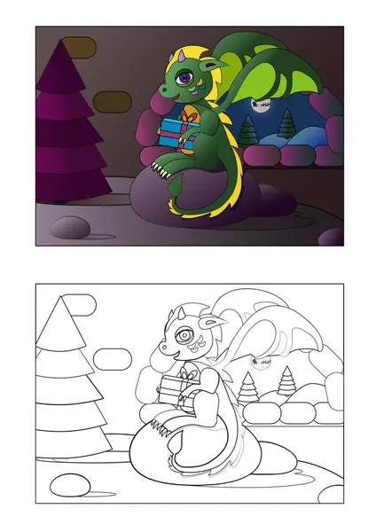 A gift in the form of a coloring book with an animal - the symbol of 2024 - a green dragon. Having fun during the holidays