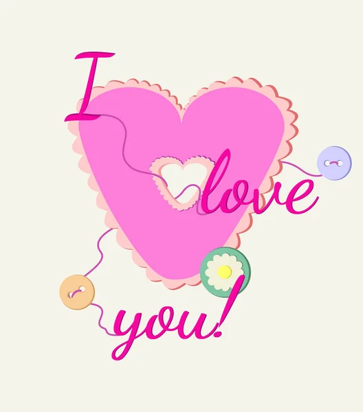 Valentine\'s card for craft lovers. An unusual cardboard heart with buttons and the inscription I love you is a small compliment and resembles a childs craft.