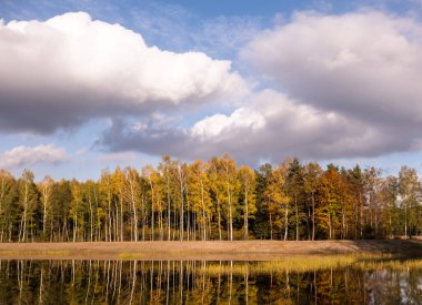 Güzel bir ormanın arka planında büyük bulutlar - sonbahar gölü manzarası