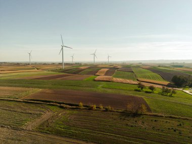 Autumn field in the countryside with a wind turbine in the background.