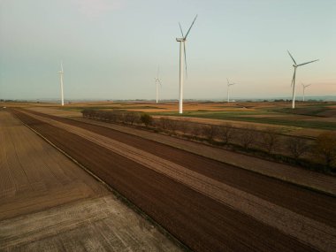 Autumn field in the countryside with a wind turbine in the background.