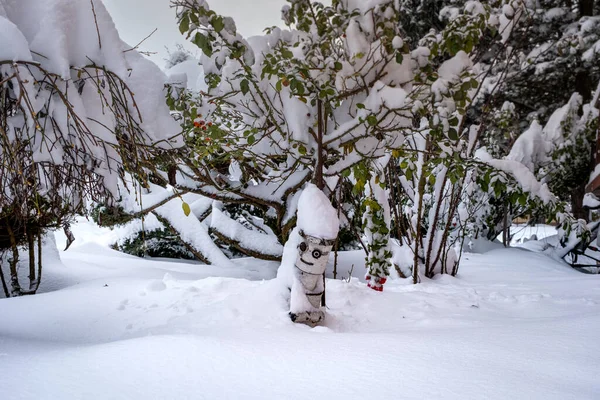 Snowy garden - a snowstorm, large caps of snow, large drifts on the tree