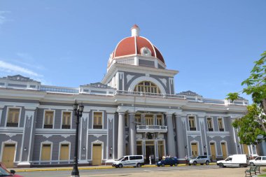 Cuba, Cienfuegos, August 8, 2014: Town hall, blue and white building