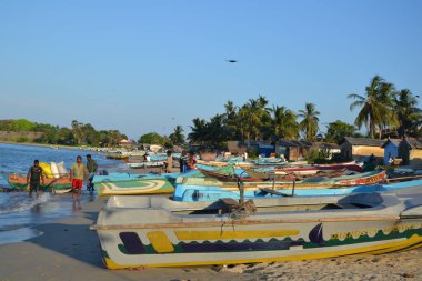 Trincomalee 'nin balıkçı tekneleri sahilde, Sri Lanka