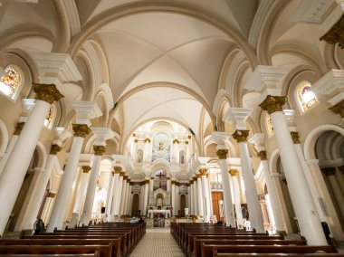 Ilheus, Bahia, Brazil - December 30th, 2022: Panoramic view of the interior of the Cathedral of St Sebastian located in the Historic Center of Ilheus Bahia Brazil.