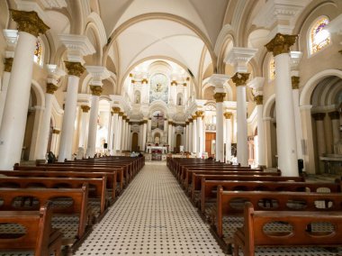 Ilheus, Bahia, Brazil - December 30th, 2022: Panoramic view of the interior of the Cathedral of St Sebastian located in the Historic Center of Ilheus Bahia Brazil.