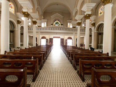 Ilheus, Bahia, Brazil - December 30th, 2022: Panoramic view of the interior of the Cathedral of St Sebastian located in the Historic Center of Ilheus Bahia Brazil.