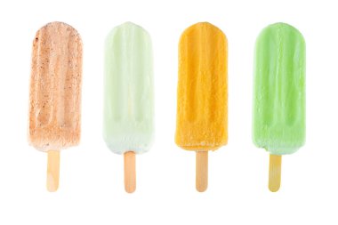 Popsicles with different flavors on a white background.