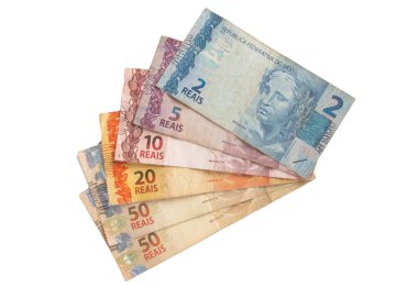 Brezilya 'nın gerçek para banknotları. Beyaz arkaplan.
