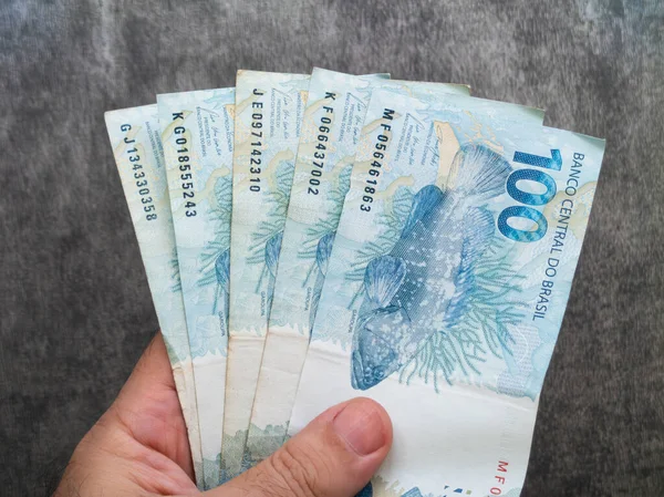 Hand Houden Braziliaanse Honderd Reais Bankbiljetten Financieel Concept — Stockfoto