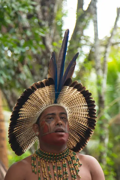 Brazilský Tupinamba Indián Typickým Oblečením Procházky Tropickém Lese — Stock fotografie