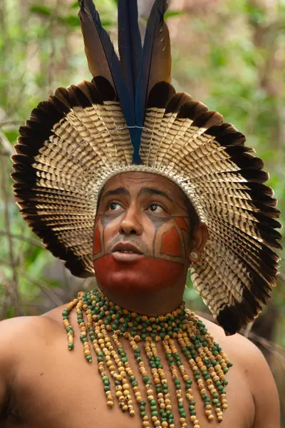 Brasileiro Tupinamba Indiano Com Roupas Típicas Caminhando Floresta Tropical — Fotografia de Stock