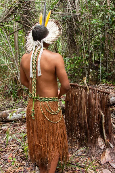 Braziliaanse Tupinamba Indiaan Met Typische Kleding Wandelen Het Tropische Bos — Stockfoto