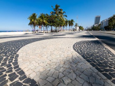 Copacabana Sahili 'ndeki ünlü sahil yürüyüşü ve Rio de Janeiro Brezilya' da mavi gökyüzü olan hindistan cevizi ağaçları..