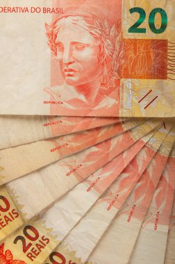 Brezilya parası işte. 20 Brezilya hayranının yakın çekimi. Gerçek banknotlar..