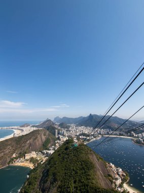 Şekerli Dağ teleferiği kablosundan Rio de Janeiro 'nun panoramik görüntüsü görünür.