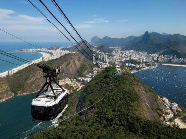 Arkasında Rio de Janeiro 'nun şehir manzarası ve plajları olan Sugarloaf Dağı' nın üzerinden geçen kablo araba..