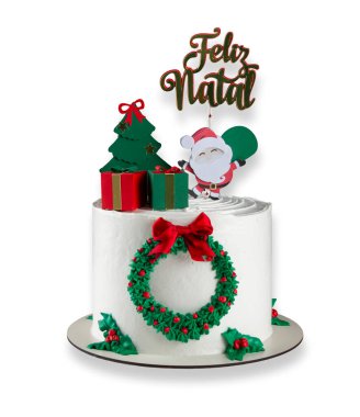 Noel Baba 'yla süslenmiş Noel pastası, hediyeler ve Feliz Natal yazmış. .