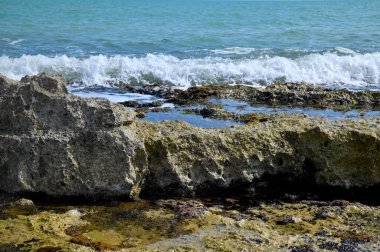 Deniz dalgaları Puglia sahillerindeki kayalık kıyılara çarpıyor.