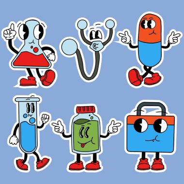 ilaç çıkartması karakter vektör tasarımı retrov