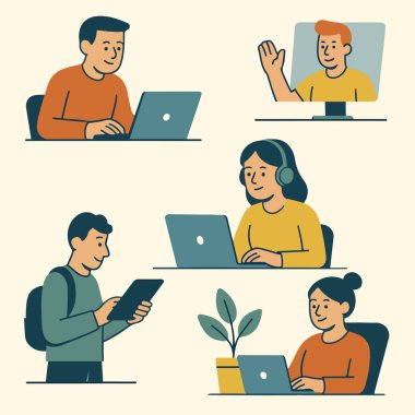 Evden ve kafelerden günlük işlerle uğraşan uzak işçilerin modern düz stil bir tasviri. Sanat eserinde dizüstü bilgisayar kullanan, video çağrılarına katılan çeşitli karakterler yer alıyor.