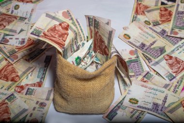 Egyptian money in a burlap bag isolated on a white background
