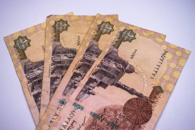 Sultan Al-Ashraf Qaitbay Mosque in Cairo. An image of Egyptian banknotes worth one pound.