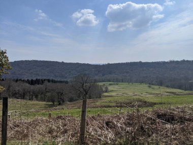 Tarlaları, ağaçları, tepeleri ve bulutlu gökyüzü olan manzaralı bir kırsal bölge..