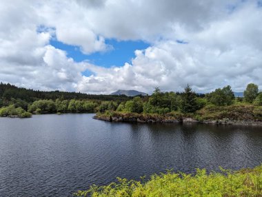 Yoğun yeşil bir orman ve parçalı bulutlu bir gökyüzü ile çevrili güzel sakin göl, doğanın dinginliğini ve sükunetini yakalıyor..