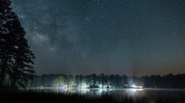 Samanyolu Mississippi 'de göl boyunca seyahat ediyor. Zaman Hızı, Macon, Mississippi 'de bir ormanda çekildi. Yüksek kalite 4k görüntü