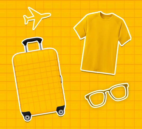 Travel essentials on yellow background, travel bag, glases, airplane, tshirt