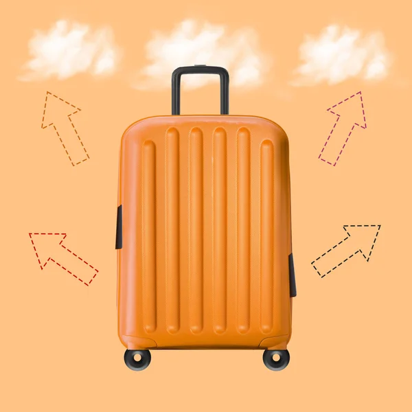 Creative abstract of travel bag with clouds and arrows background