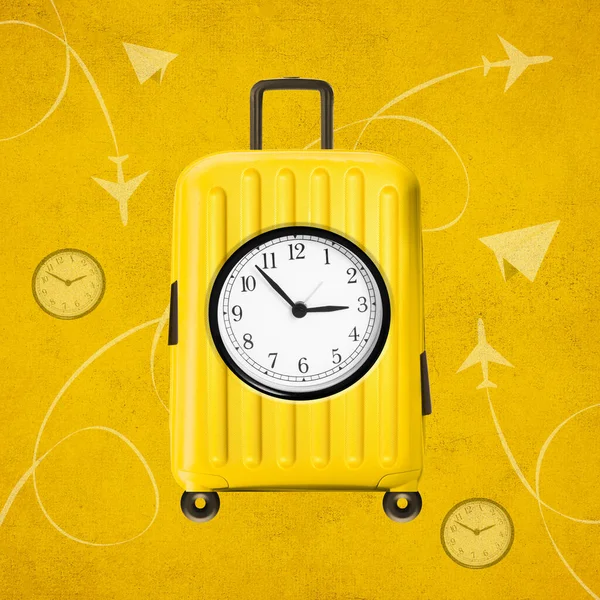 Creative abstract of travel bag with clock and airplane background