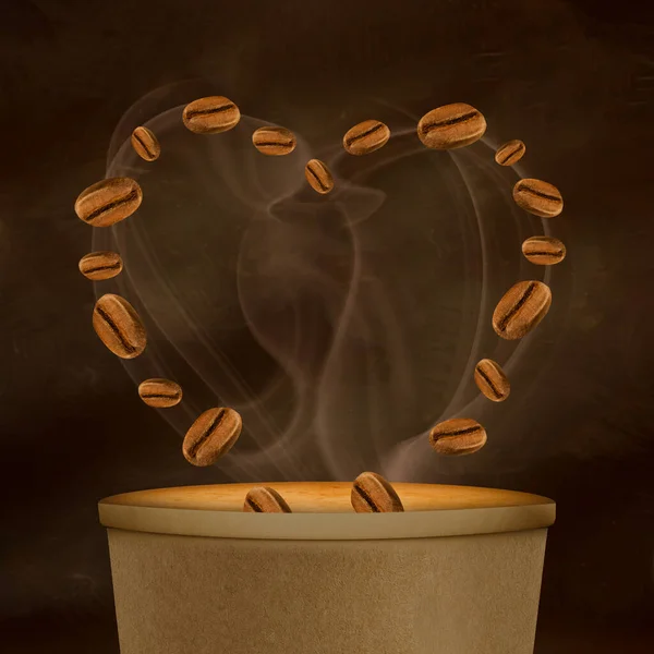 Coeur Forme Grains Café Torréfiés Tombant Dans Une Tasse Café — Photo