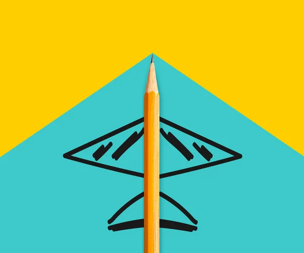 Croquis Crayon Avion Sur Fond Bleu Jaune Éducation Conceptuelle Créativité — Photo