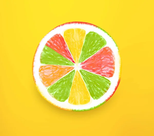 Sarı Arka Planda Izole Edilmiş Renkli Limon Dilimi Pozitif Eğlenceli — Stok fotoğraf