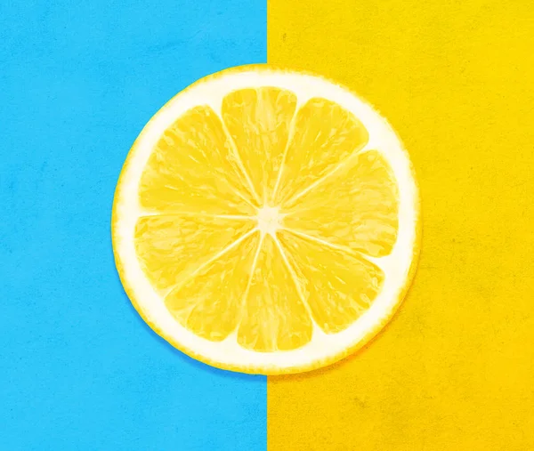 Fetta Matura Limone Sfondo Texture Blu Giallo — Foto Stock