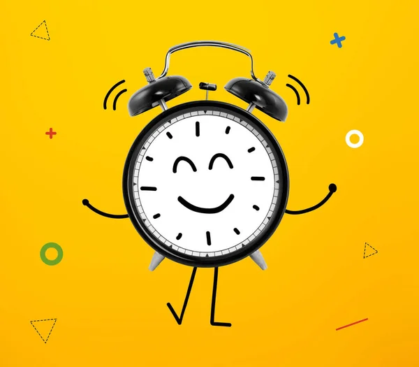 Alarm clock character smiling. Happy hour concept