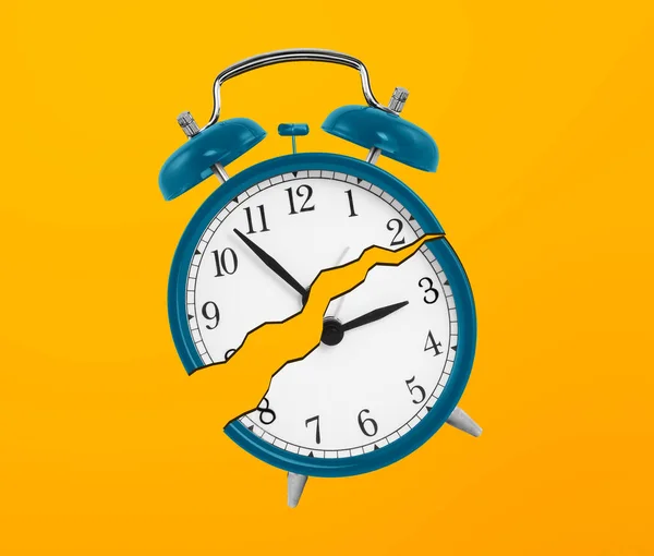 Időpocsékolás Koncepció Kék Ébresztőórával Kettétört Narancssárga Alapon — Stock Fotó