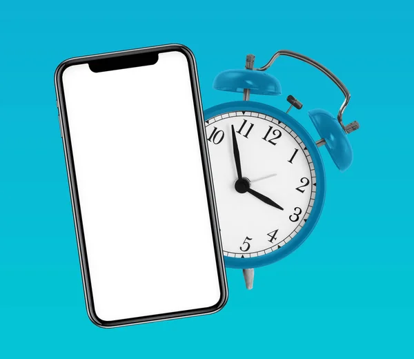Alarm clock behind phone screen on blue background