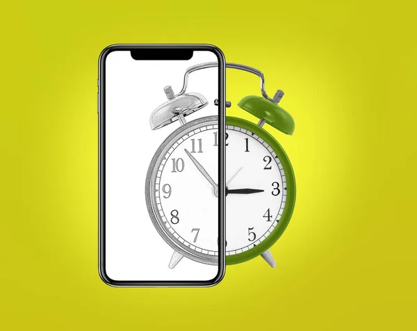Green alarm clock with half sketch clock peek out from phone screen. time concept
