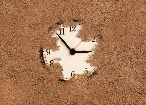 Horloge Noire Enterrée Perdue Dans Sable Concept Temps Perdu — Photo